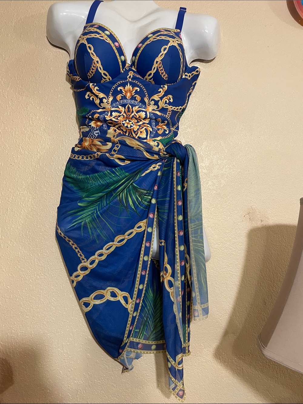 Blue Chain-Print  swimsuit with Tropical Scarf Wrap